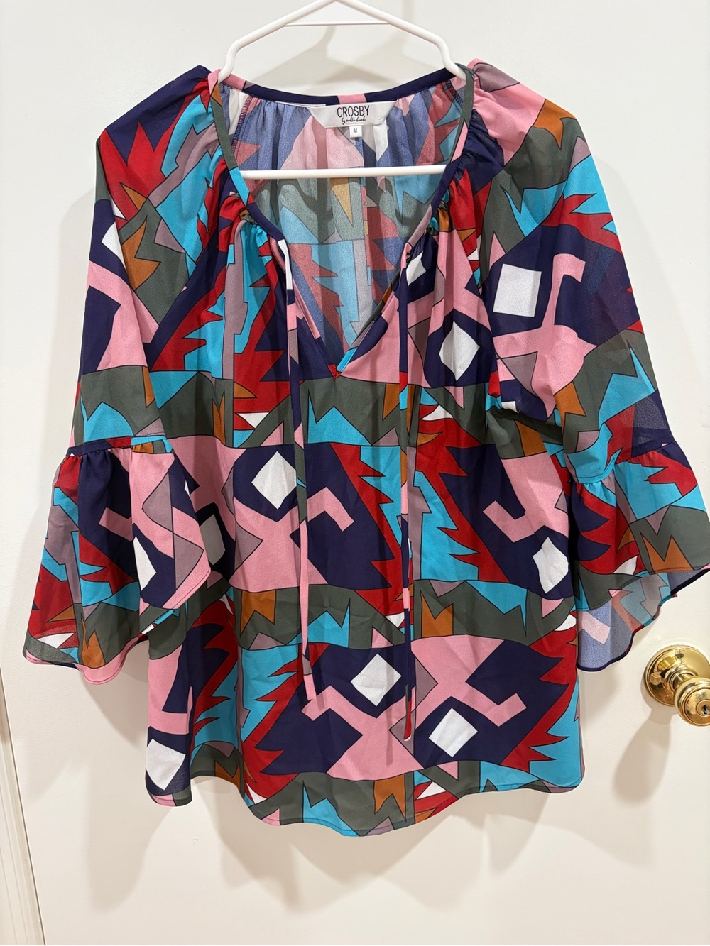 CROSBY by Mollie Burch Multicolor Geometric Tie-Neck Blouse